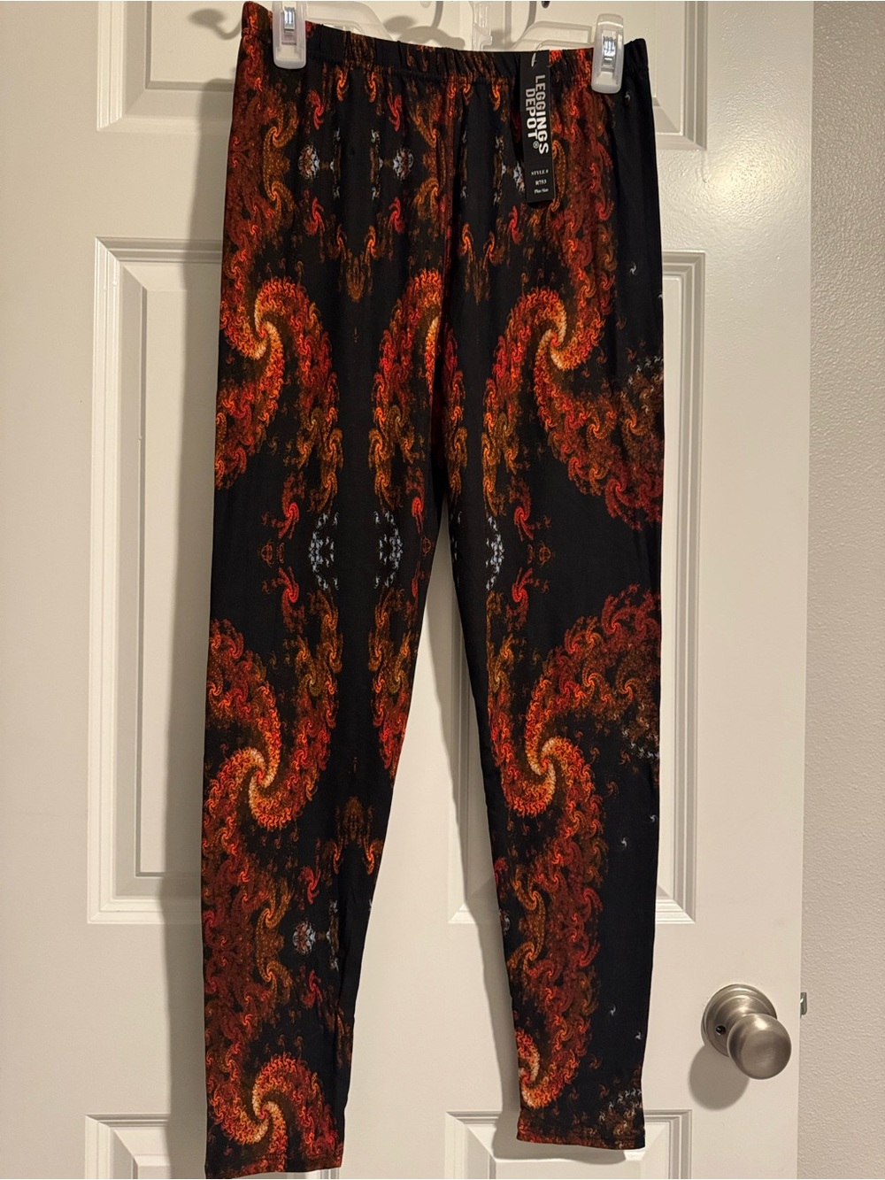 Leggings Depot Black Leggings with Orange Paisley Swirl Print